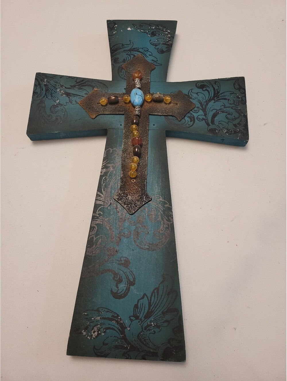 Decorative Wooden Wall 15X10" Cross with Beaded Design